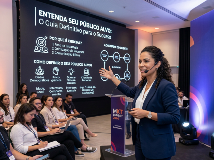 Speaker presenting in Portuguese: “ENTENDA SEU PÚBLICO ALVO: O Guia Definitivo para o Sucesso”; “POR QUE É CRUCIAL? 1. Foco na Estratégia 2. Otimização de Recursos 3. Comunicação Eficaz”; “COMO DEFINIR O SEU PÚBLICO ALVO?”; “Dados Demográficos, Idade, Local”; “Psicográficos, Interesses, Comportamento”; “Dores e Necessidades, Interesse, Limitações”; “Criação de Personas (e.g. Luana, 28, Gerente de Marketing)”; “A JORNADA DO CLIENTE”; “O CLIENTE”. Podium reads “MKT SUMMIT 2024”.